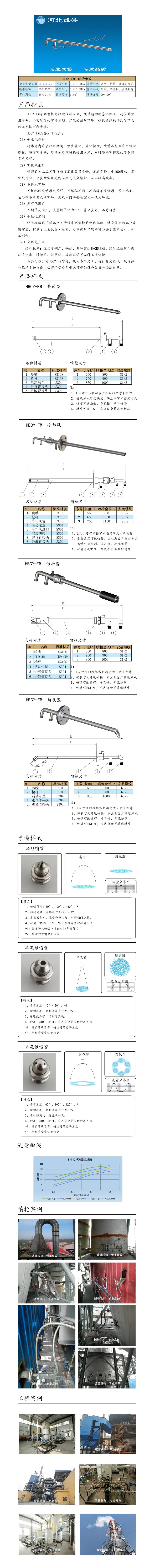氨水噴槍、保護套、噴槍參數(shù)、材質(zhì)尺寸、流量分布圖、扇形空心錐俯視圖介紹，以及噴槍霧化視頻展示和工程案例介紹