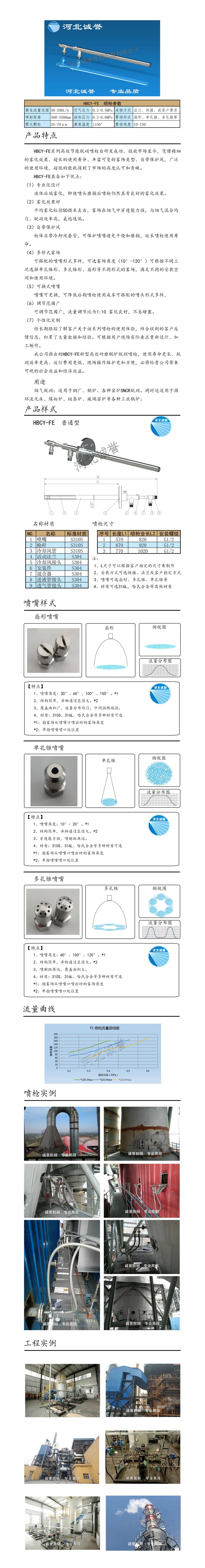 脫硝噴槍、保護(hù)套、噴槍參數(shù)、材質(zhì)尺寸、流量分布圖、扇形空心錐俯視圖介紹，以及噴槍霧化視頻展示和工程案例介紹